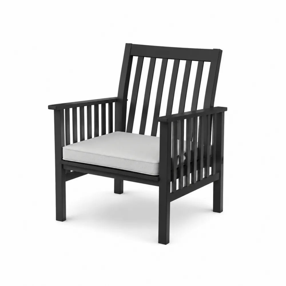 Sedia da esterno in legno nero con cuscino in poliestere grigio chiaro