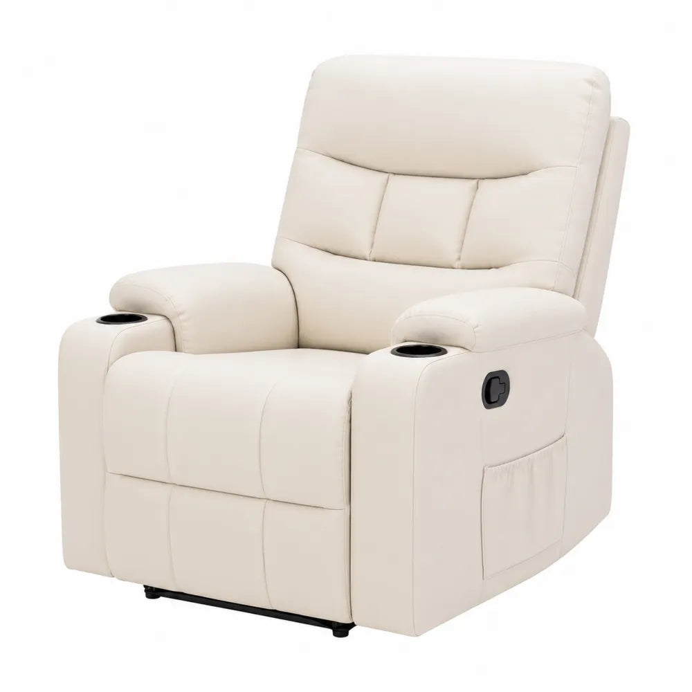 Poltrona reclinabile in pelle sintetica beige con portabicchieri