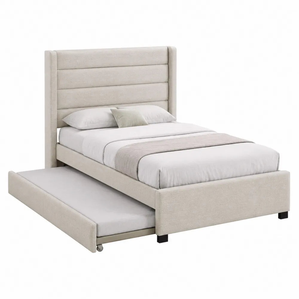 Letto imbottito con secondo letto estraibile in tessuto crema