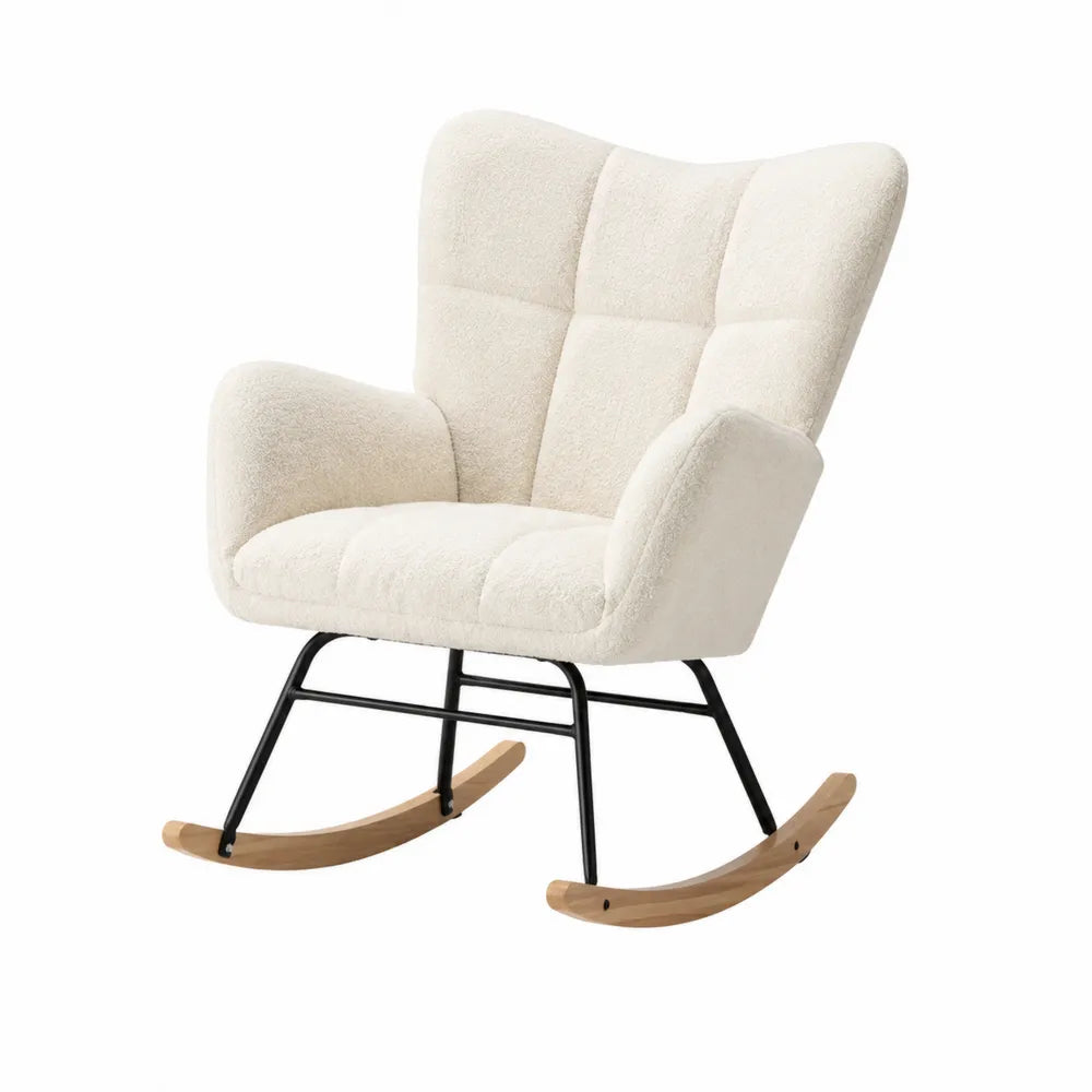 Sedia a dondolo in tessuto crema con base in metallo e legno
