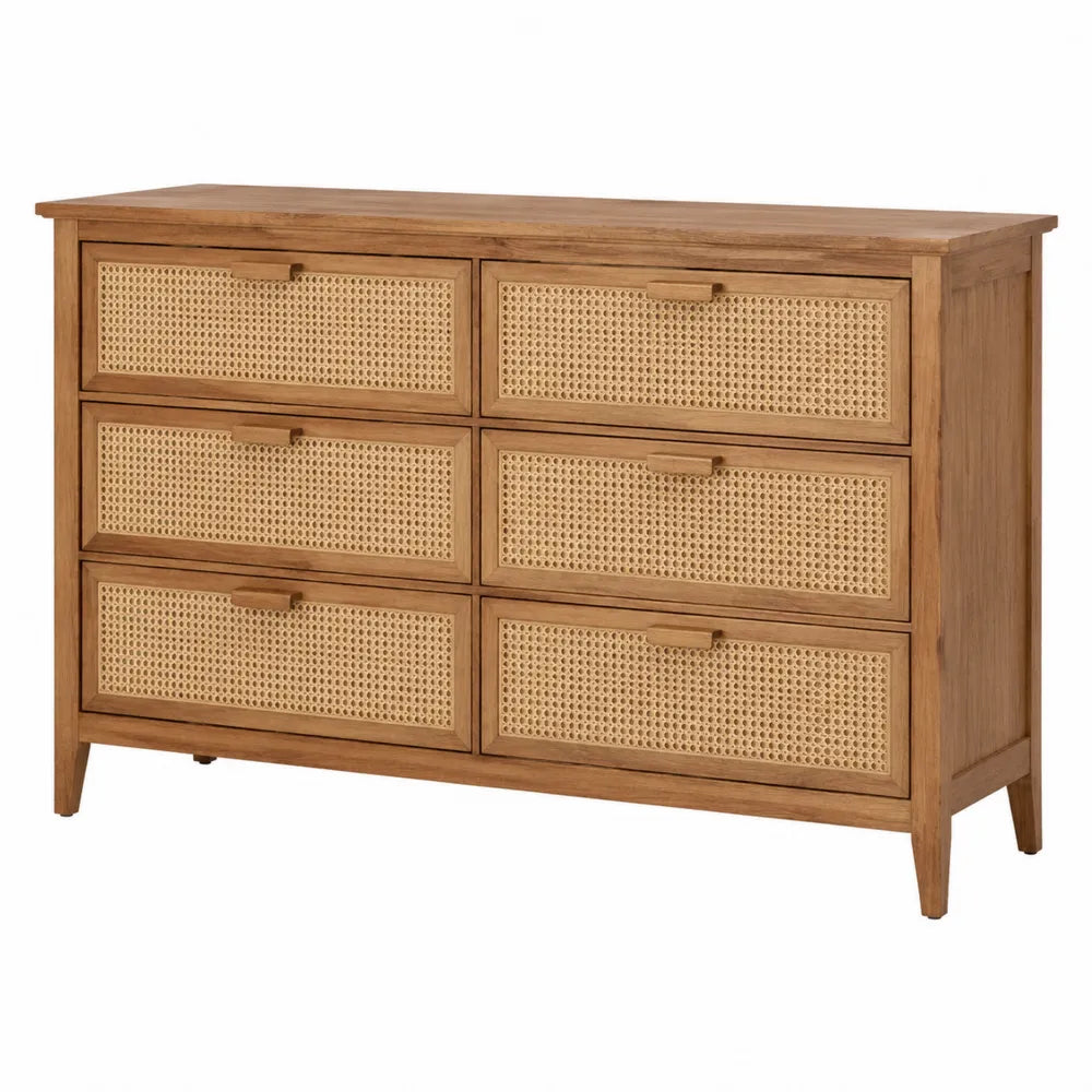 Cassettiera in legno massello e rattan naturale 6 cassetti