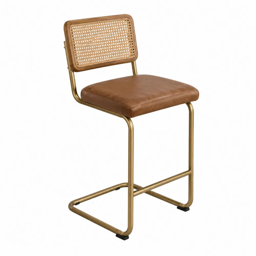 Sgabello da bar in metallo con seduta in pelle sintetica marrone e schienale in rattan