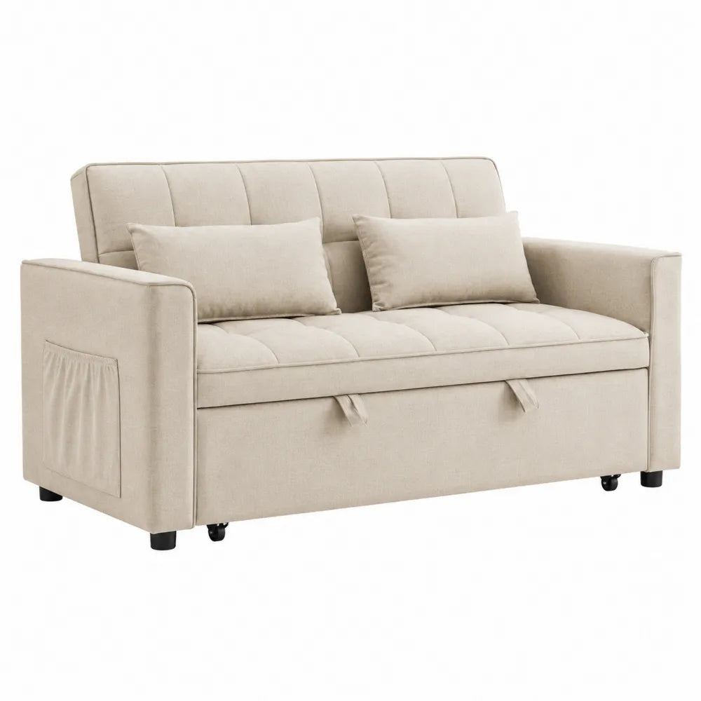 Divano Letto Reclinabile in Tessuto Beige con Contenitore
