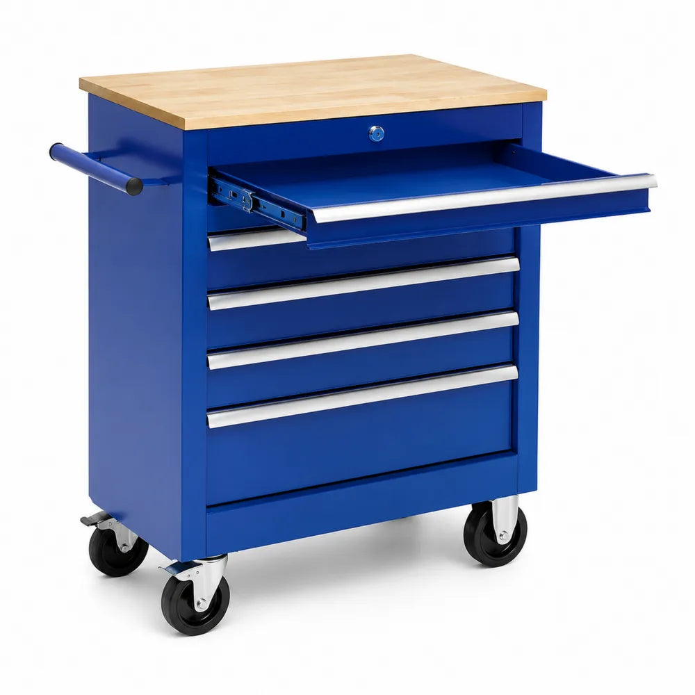 Carrello da Officina in Acciaio con Piano in Legno Blu