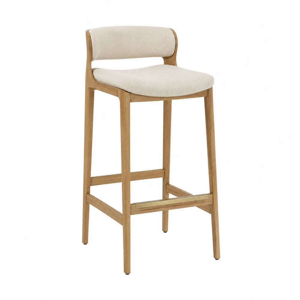 Sgabello da Bar in Legno e Tessuto di Lino Beige con Schienale