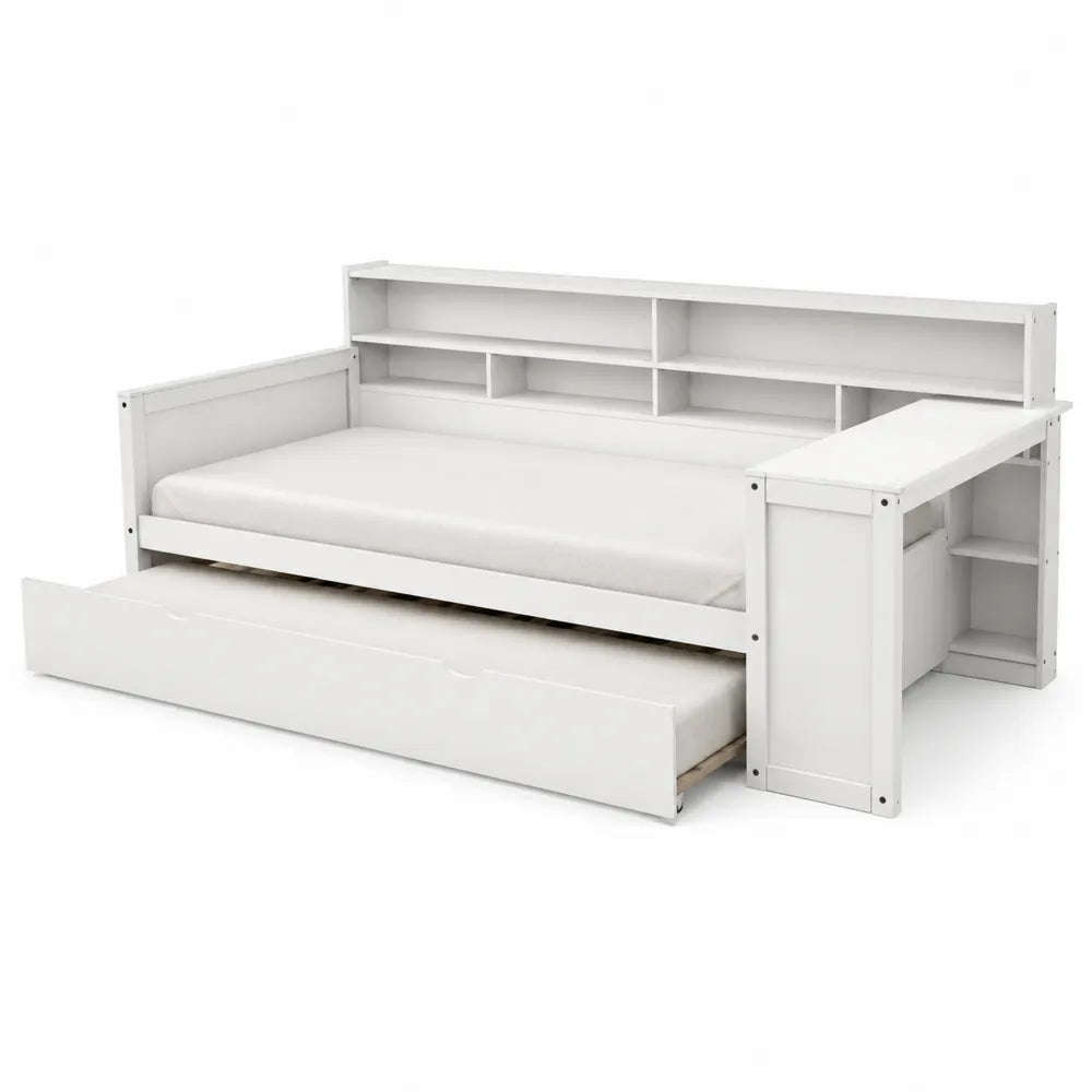 Letto in legno bianco con librerie e cassetto estraibile